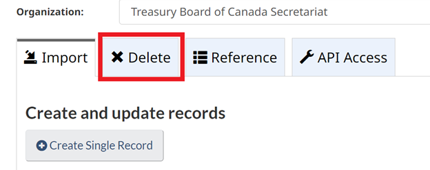 Screenshot of the Import tab. The Import, Delete, Reference and API Access tabs are shown and the Delete tab is framed.