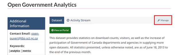 Screenshot of an example of a dataset. The Manage button is framed.