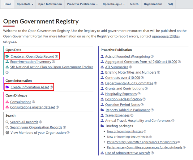 Screenshot of the Open Government Registry home page.