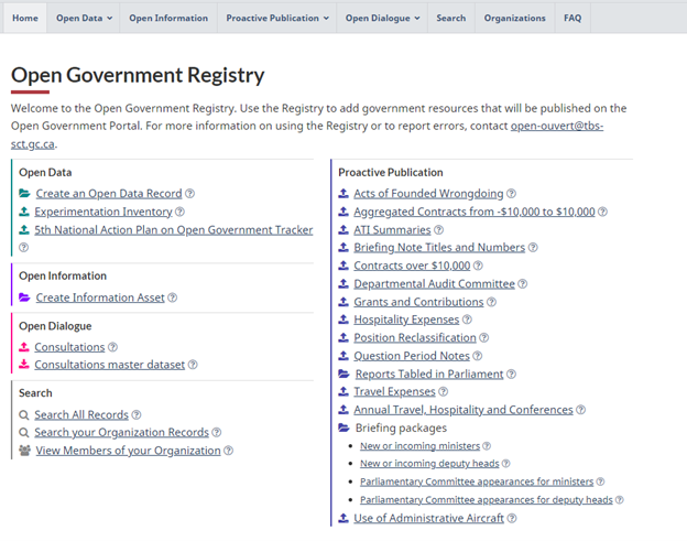 Screenshot of the Open Government Registry home page.