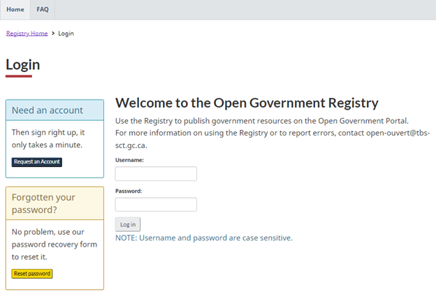 Screenshot of the Open Government Registry login page.