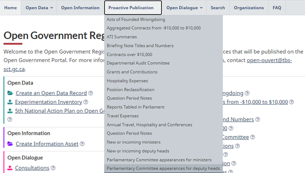 Screenshot of the drop-down menu listing the types of Proactive Disclosure.