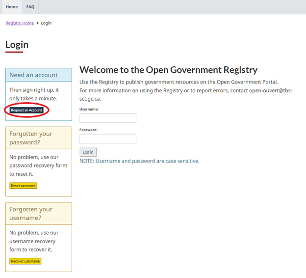 Screenshot of the Open Government Registry login page. The Request an Account button is circled.