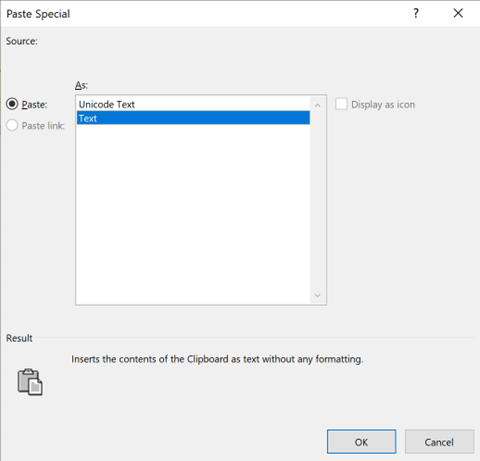 Screenshot of the Paste Special pop-up window. Text is selected in the As menu. 