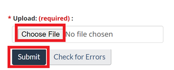 Screenshot of the Upload field. The Choose File and Submit buttons are framed. 